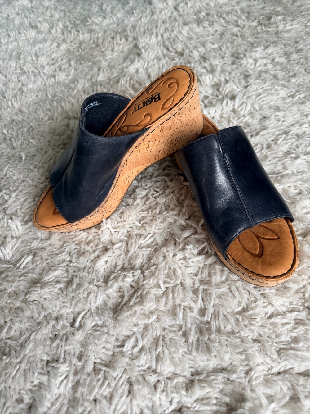 Born Black Leather Cork Wedge Slide Sandals Size 8 • 3” Heel
